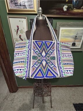 Boho Geometric Embroidered Tote Bag - Purple & Teal America & Beyond